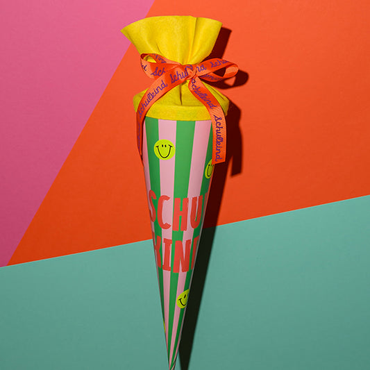 Schultüte mit Streifen grün/rosa/neon-rosa, 35cm