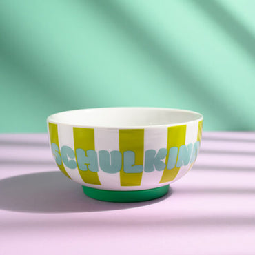 Porzellan-Set Schulkind Streifen, türkis und grün mit großem Teller (23cm), Becher und Müslischale