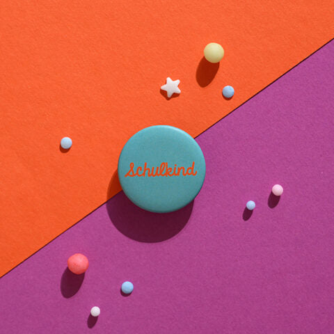 Button „Schulkind“, mint/orange
