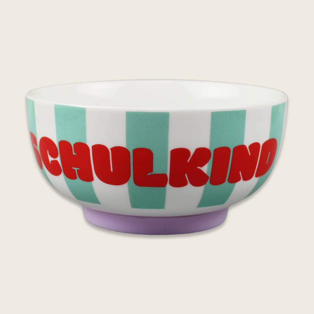 Porzellan-Set Schulkind Streifen, flieder und pink mit großem Teller (23cm), Becher und Müslischale