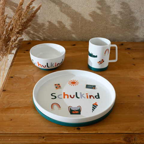 Porzellanset Schulkind Adventure mit großem Teller (23cm), Becher und Müslischale