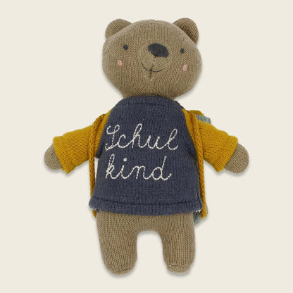Bär „Schulkind“ mit Schulranzen und Shirt in blau/gelb Kuscheltier